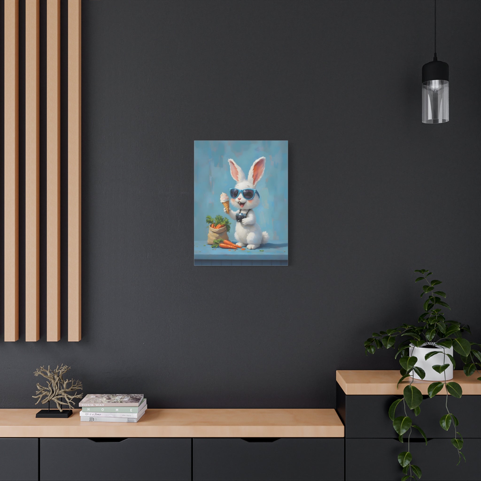 Blue Bunny Canvas Print — Cute Rabbit with Sunglasses & Ice Cream Matte Wall Art