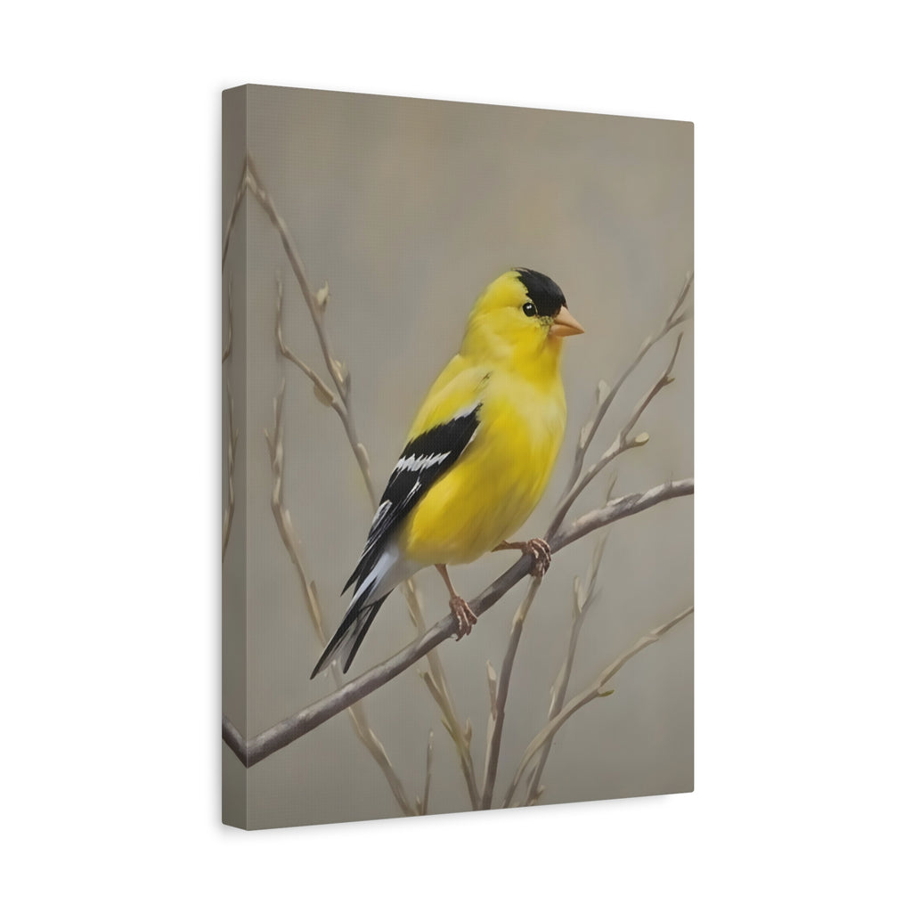 Goldfinch Wall Art Canvas — Yellow Songbird Painting on Branch, Matte Stretched Canvas