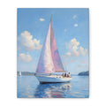 Sailing boat on calm water with pink accents Wall Art - Stretched Canvas