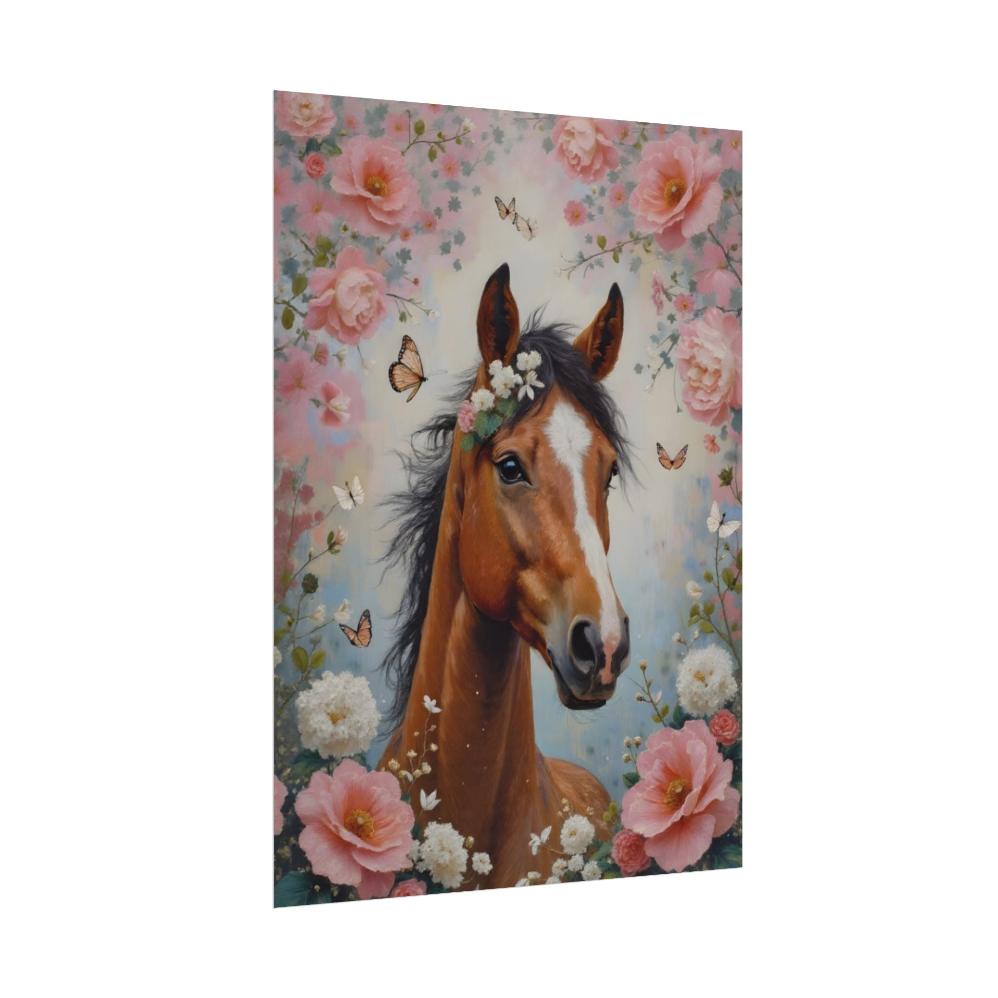 Horse Floral Poster - Vintage Foal Portrait Rolled Art Print