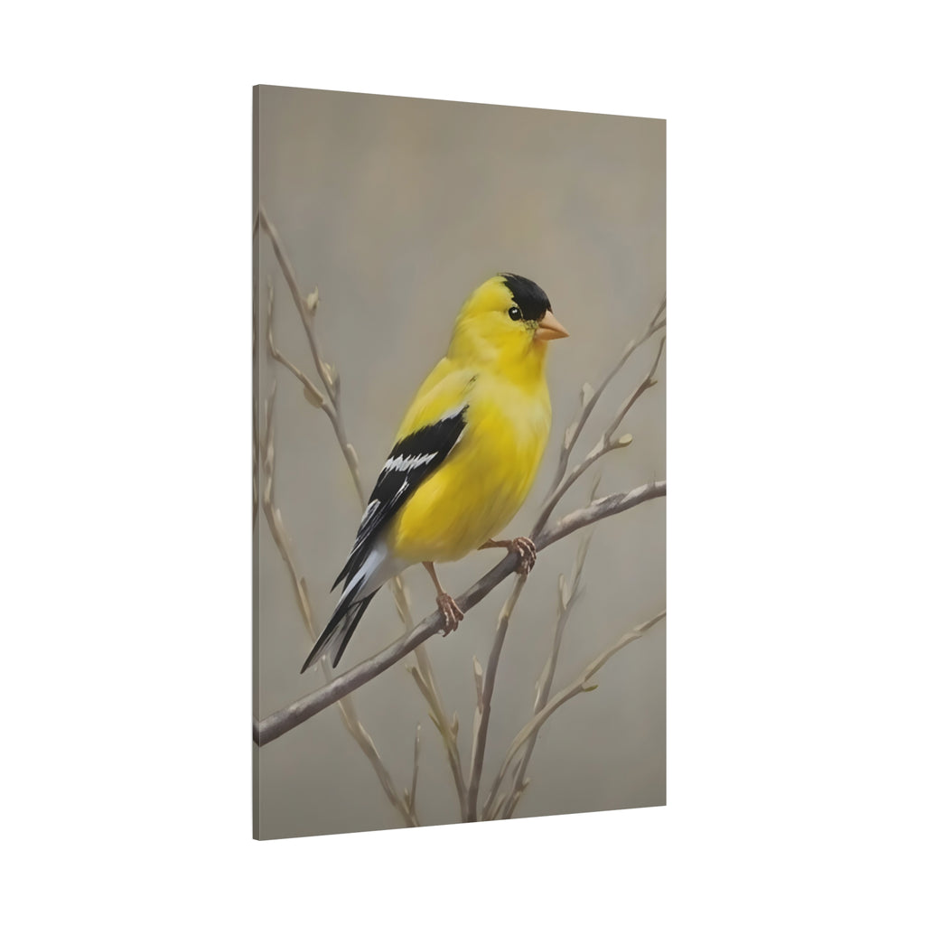 Goldfinch Wall Art Canvas — Yellow Songbird Painting on Branch, Matte Stretched Canvas