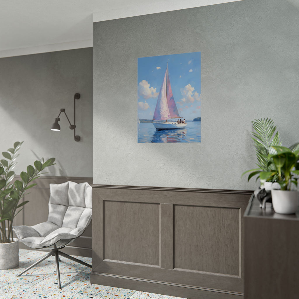 Sailing boat on calm water with pink accents - Poster