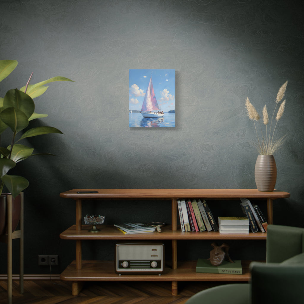 Sailing boat on calm water with pink accents Wall Art - Stretched Canvas