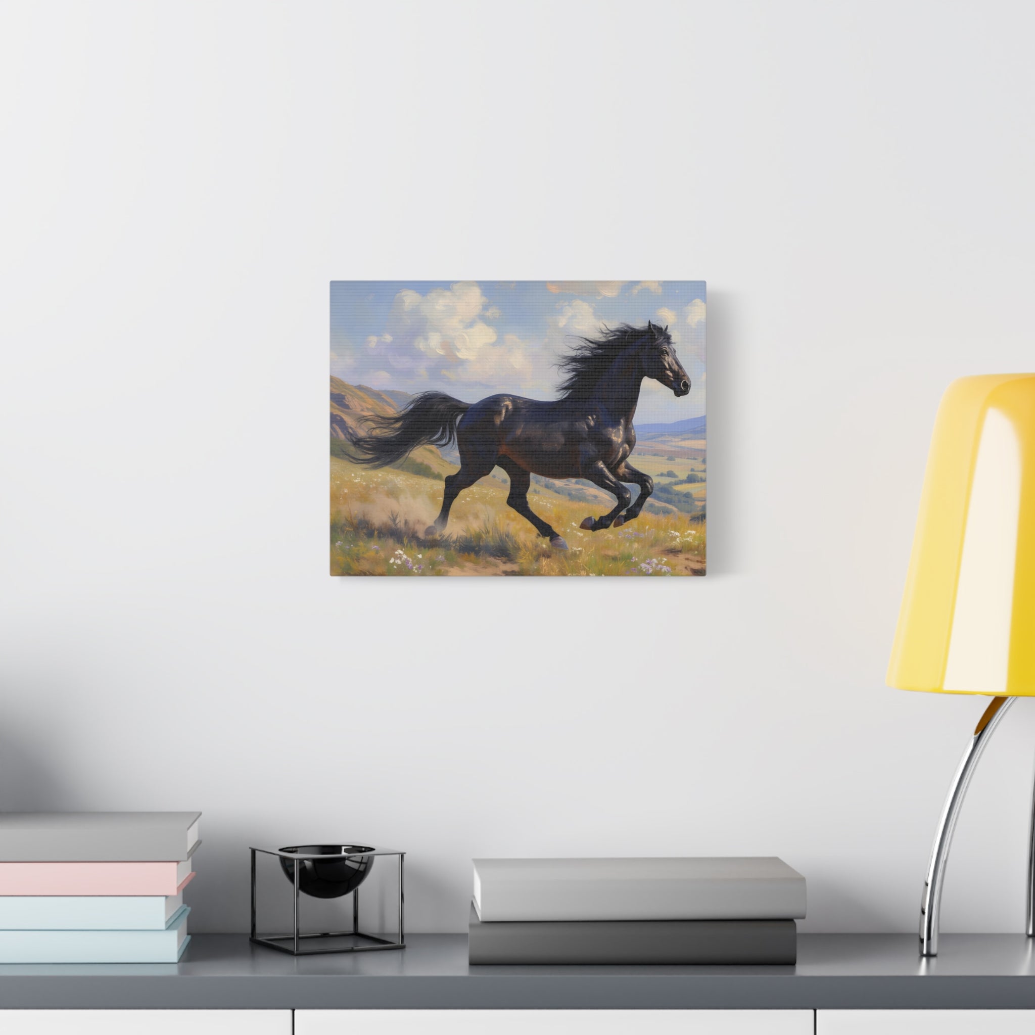 Running Black Stallion Wall Art - Horse Painting - Stretched Canvas