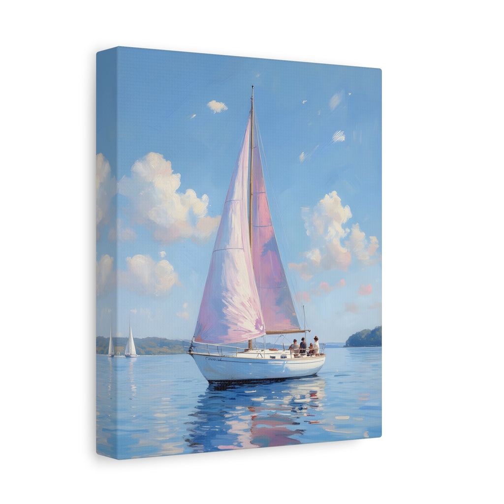 Sailing boat on calm water with pink accents Wall Art - Stretched Canvas