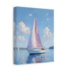 Sailing boat on calm water with pink accents Wall Art - Stretched Canvas