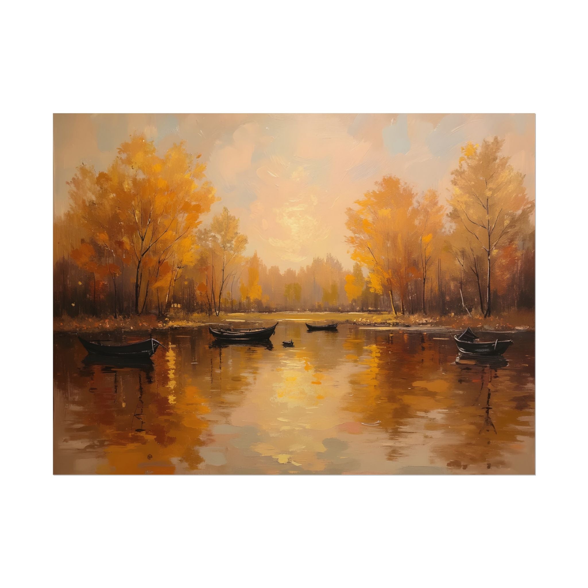 Autumn at the lake with rowboats - Poster