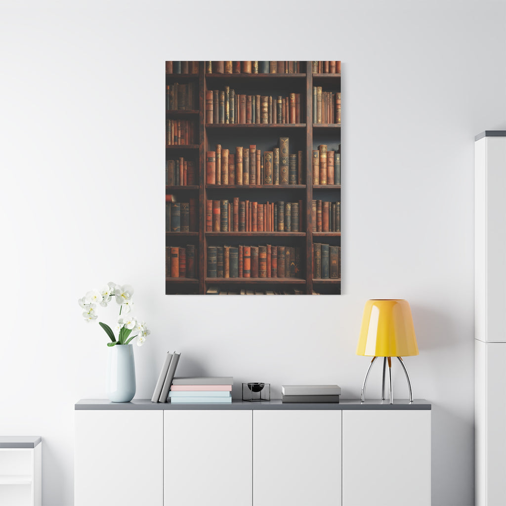 Vintage Library Books Canvas Print - Stacked Antique Bookshelf Wall Art