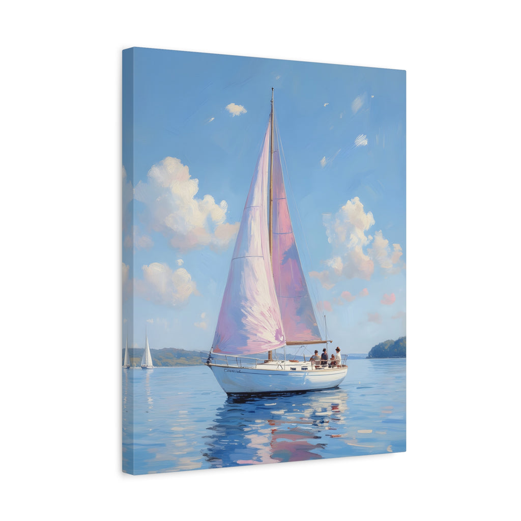 Sailing boat on calm water with pink accents Wall Art - Stretched Canvas