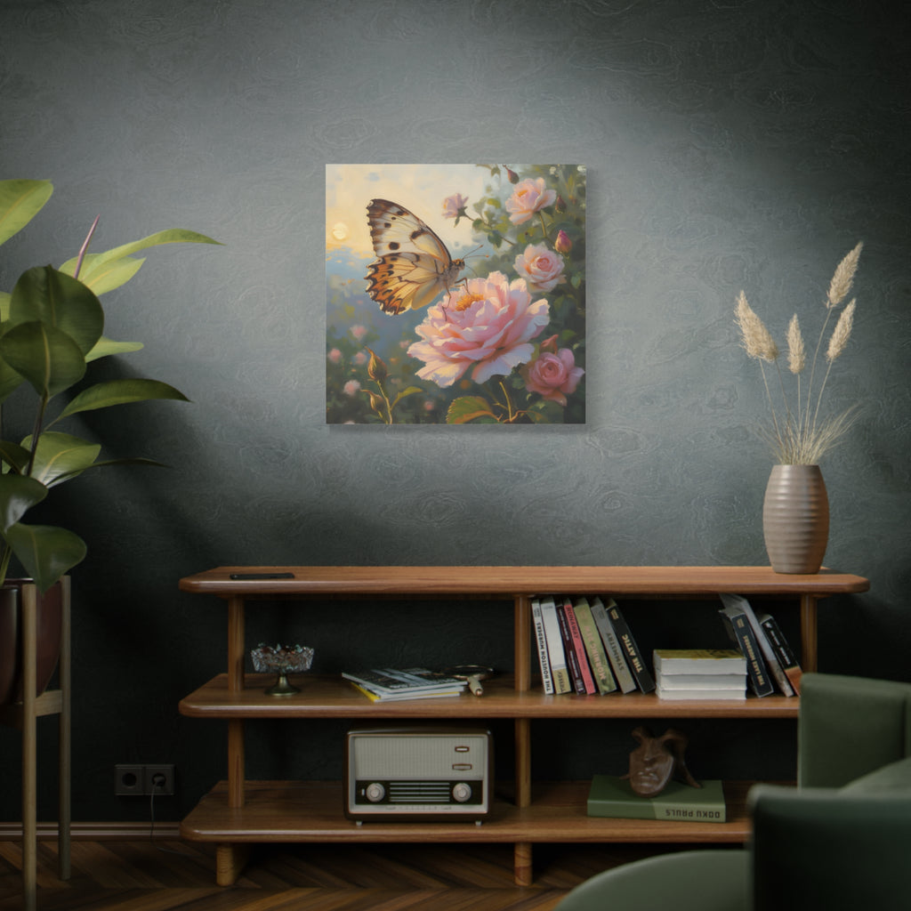 Butterfly on Pink Rose Wall Art - Stretched Canvas
