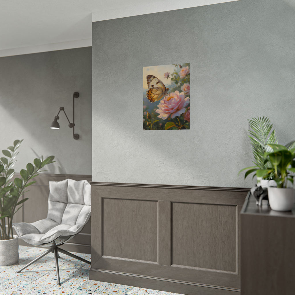 Butterfly on Pink Rose Wall Art - Poster