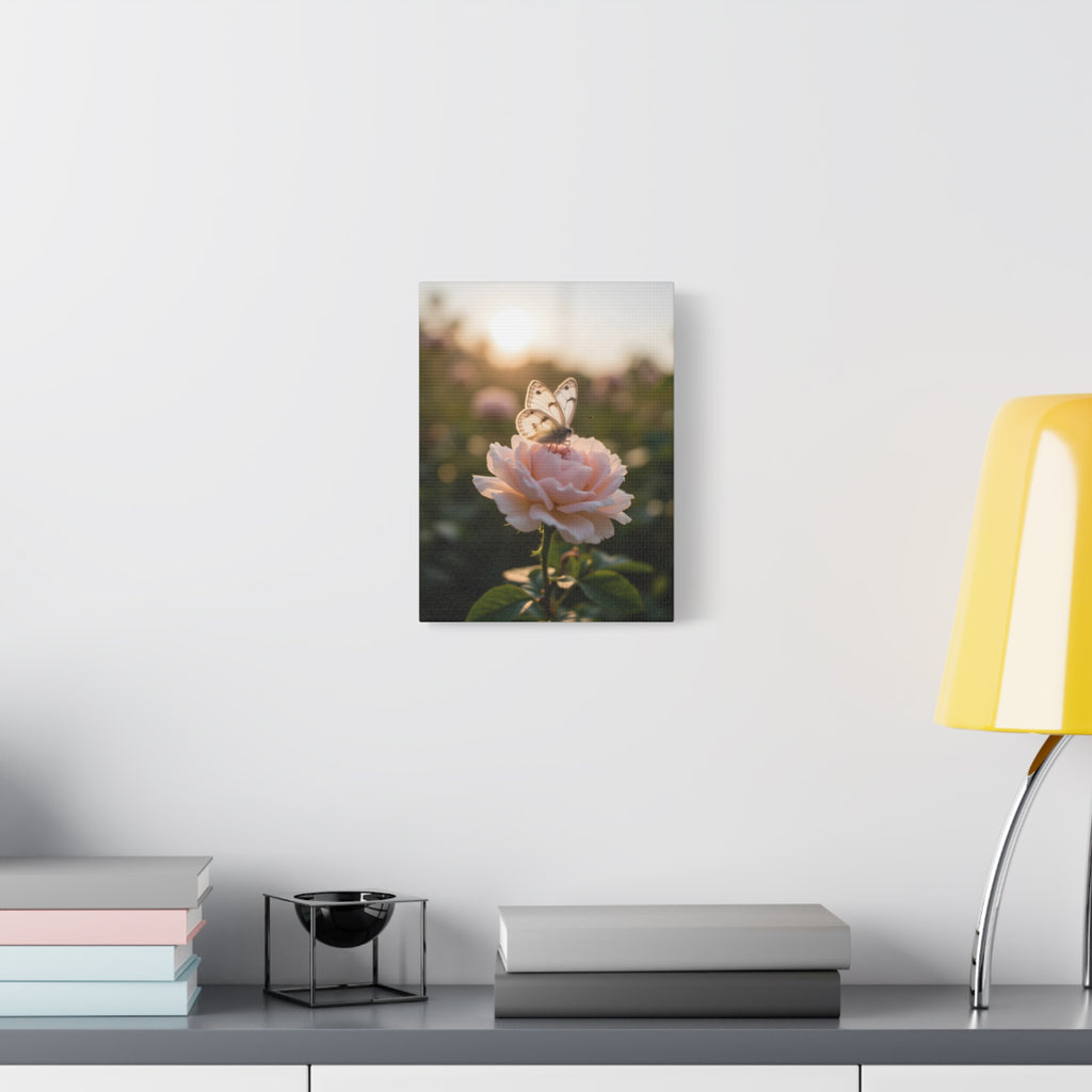 Butterfly on Pink Rose Wall Art - Stretched Canvas