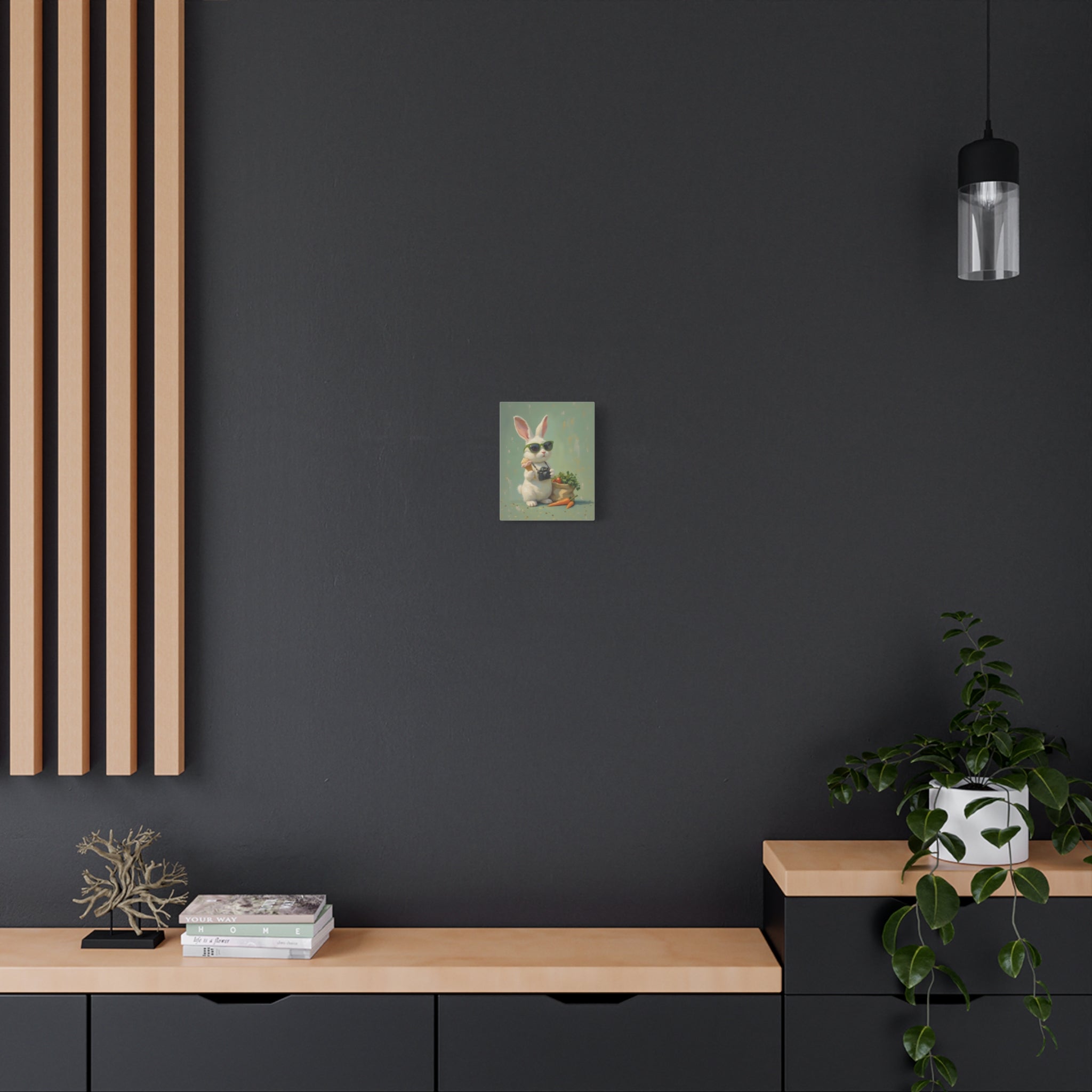 Green Bunny Canvas Wall Art — Photographer Bunny with Carrots & Ice Cream