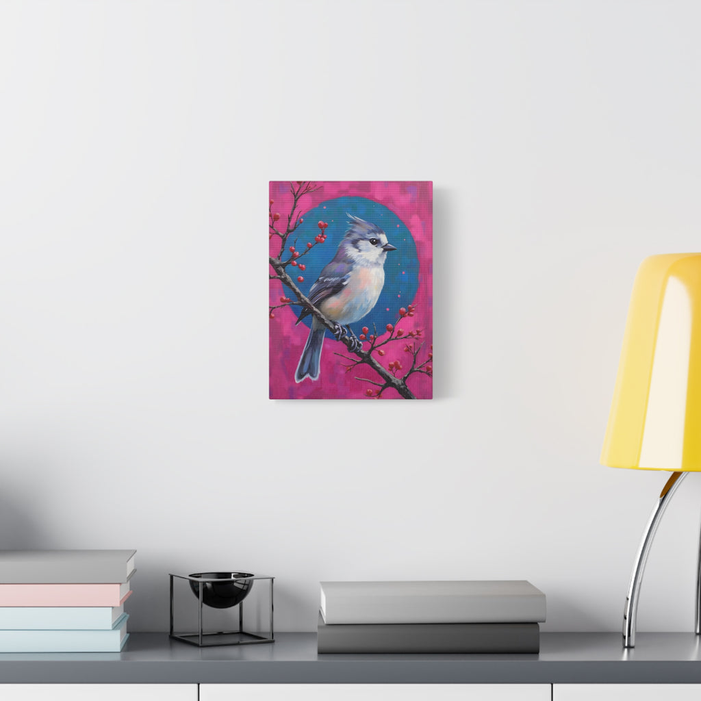 Blue jay on a holly branch Wall Art - Stretched Canvas