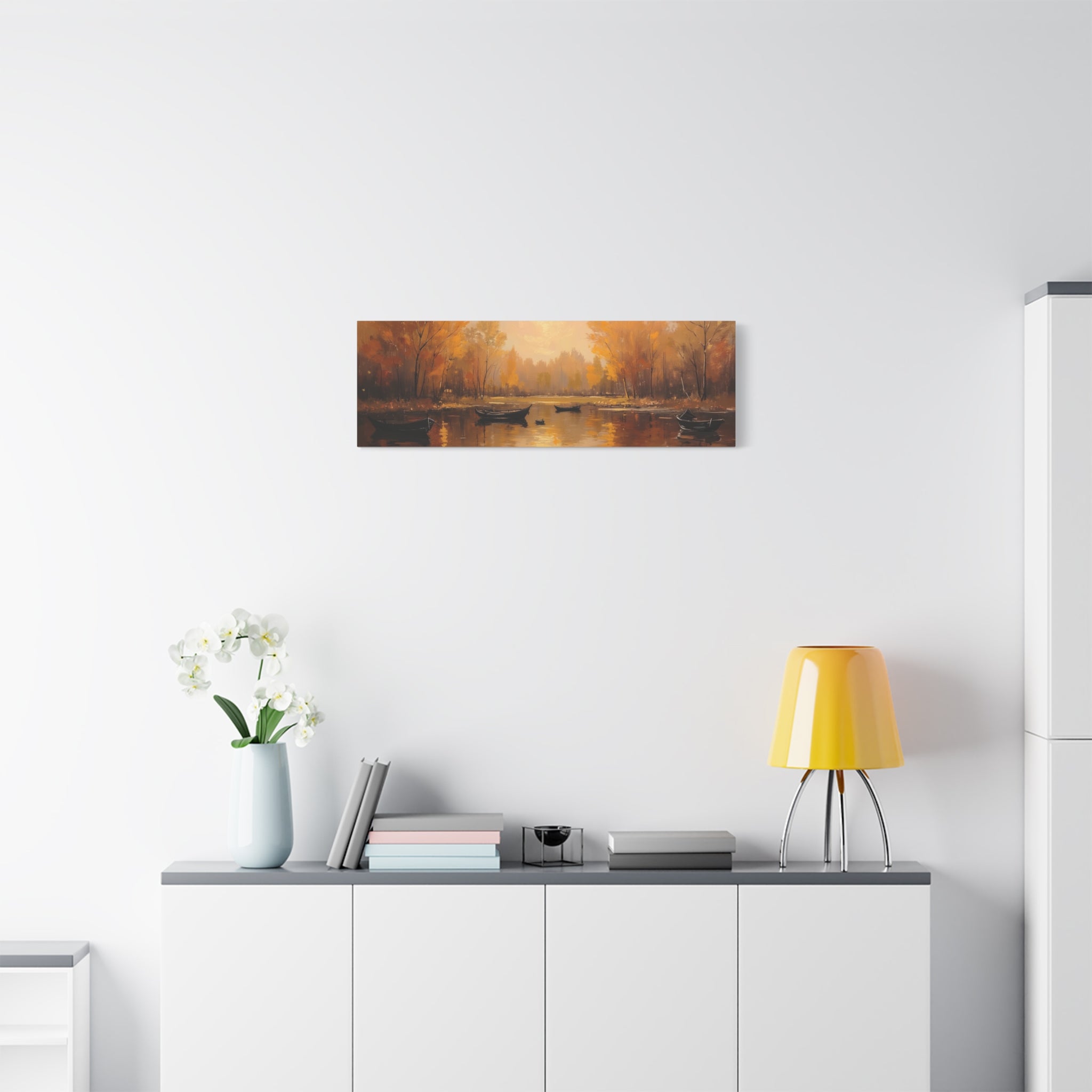 Autumn at the lake with rowboats Wall Art - Stretched Canvas