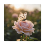 Butterfly on Pink Rose Wall Art - Stretched Canvas