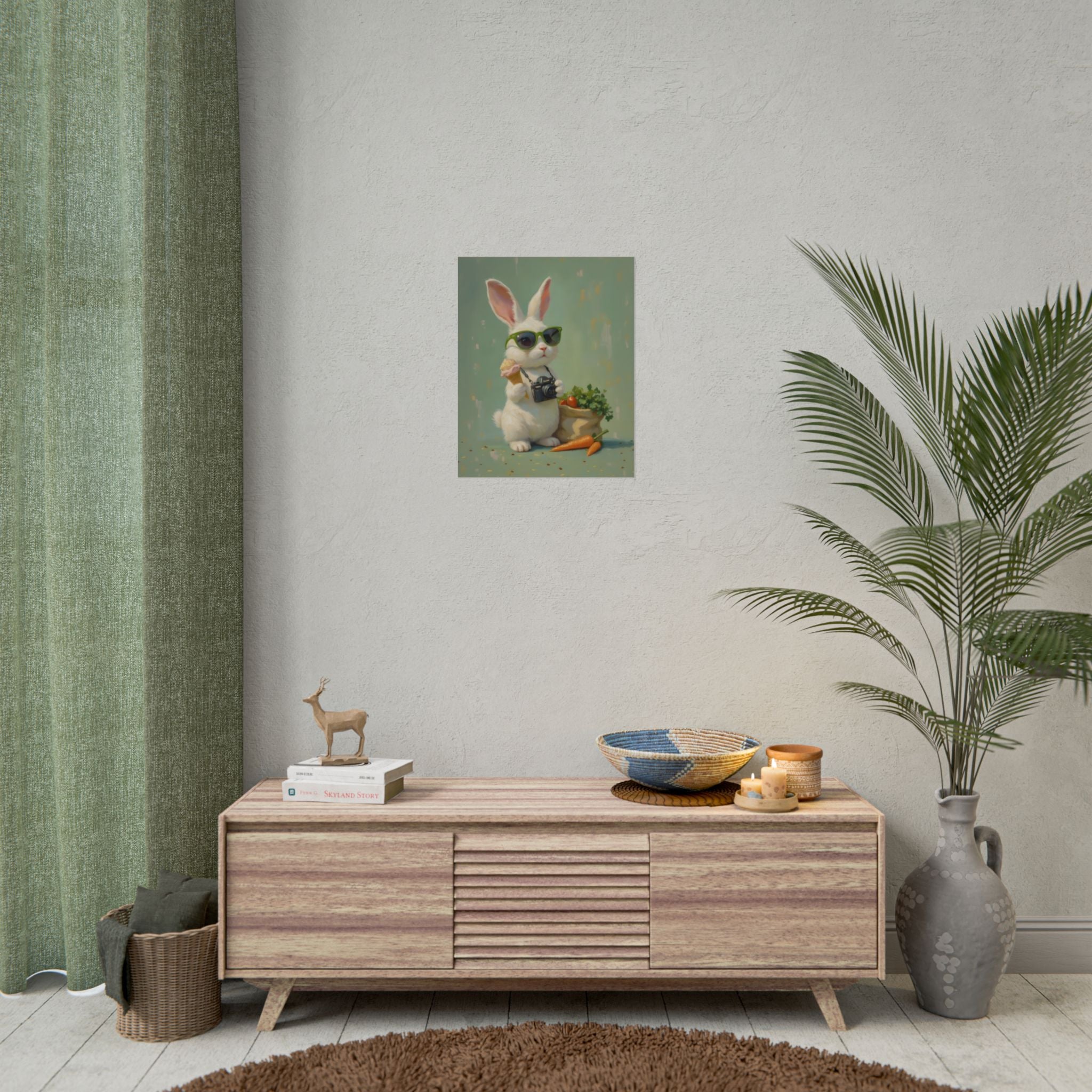 Green Bunny Rolled Poster — Cool Bunny with Camera Art Print