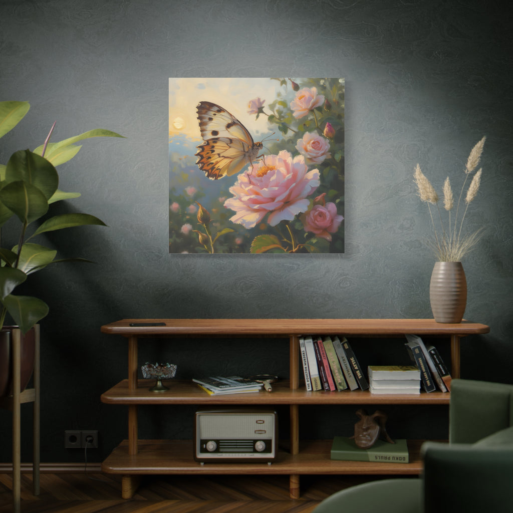 Butterfly on Pink Rose Wall Art - Stretched Canvas
