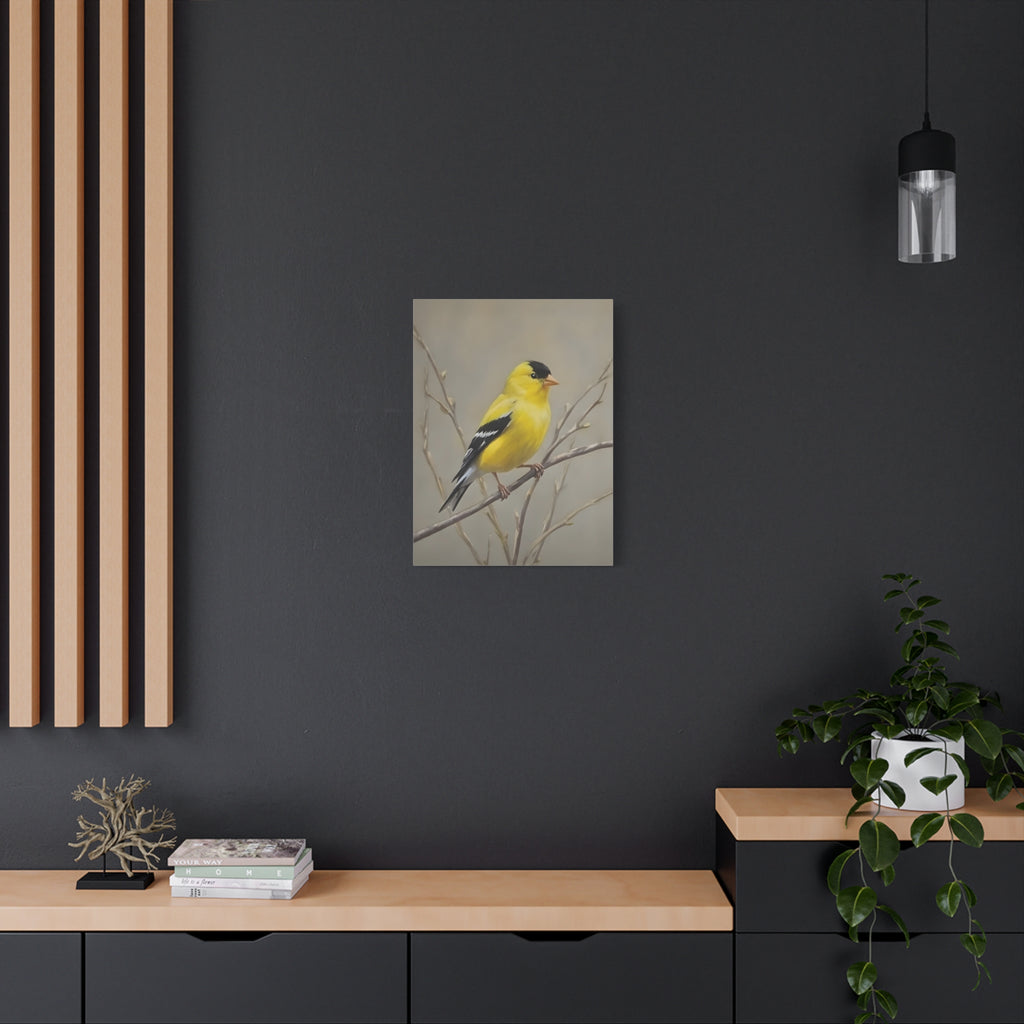 Goldfinch Wall Art Canvas — Yellow Songbird Painting on Branch, Matte Stretched Canvas