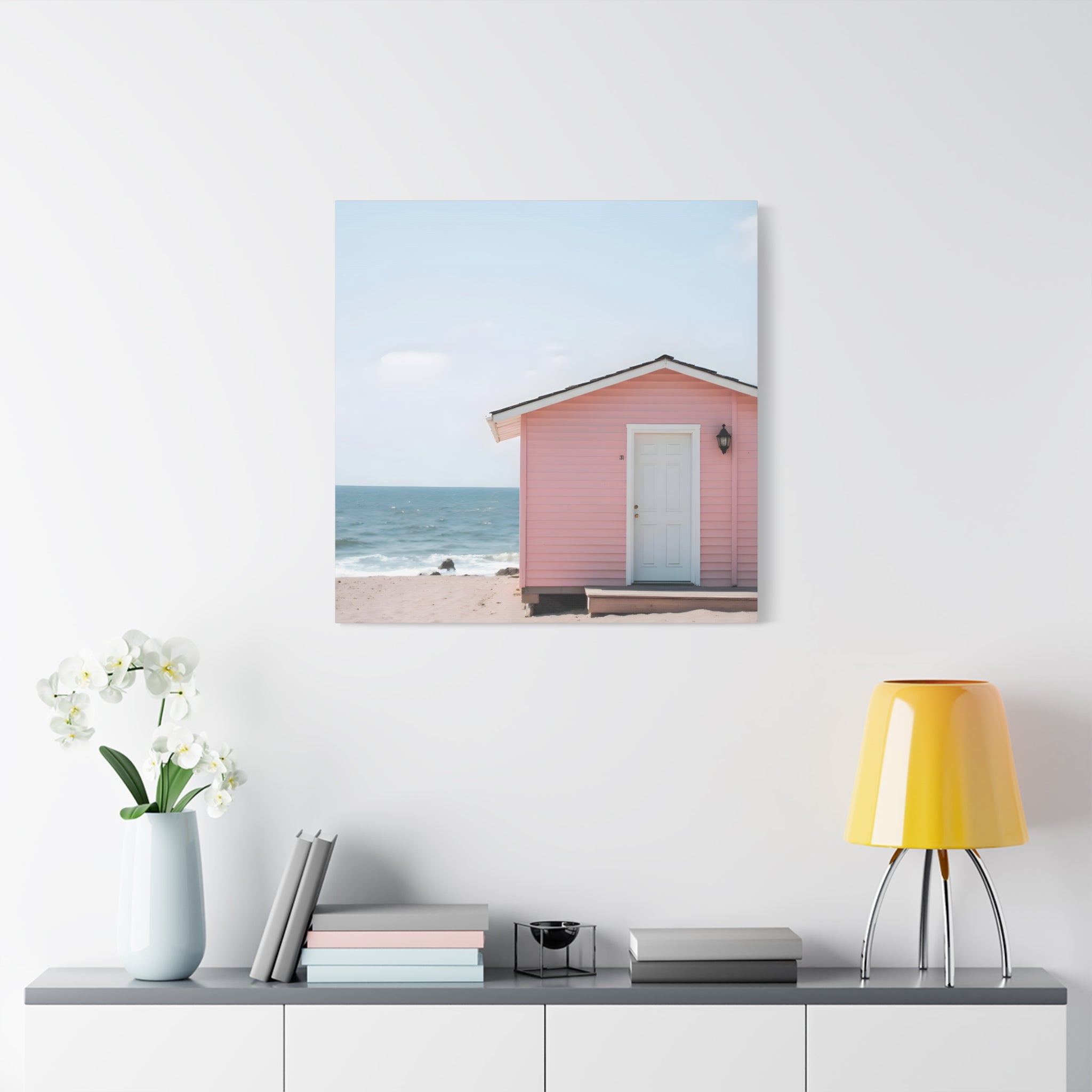 Pink Beach Cottage  Wall Art - Stretched Canvas