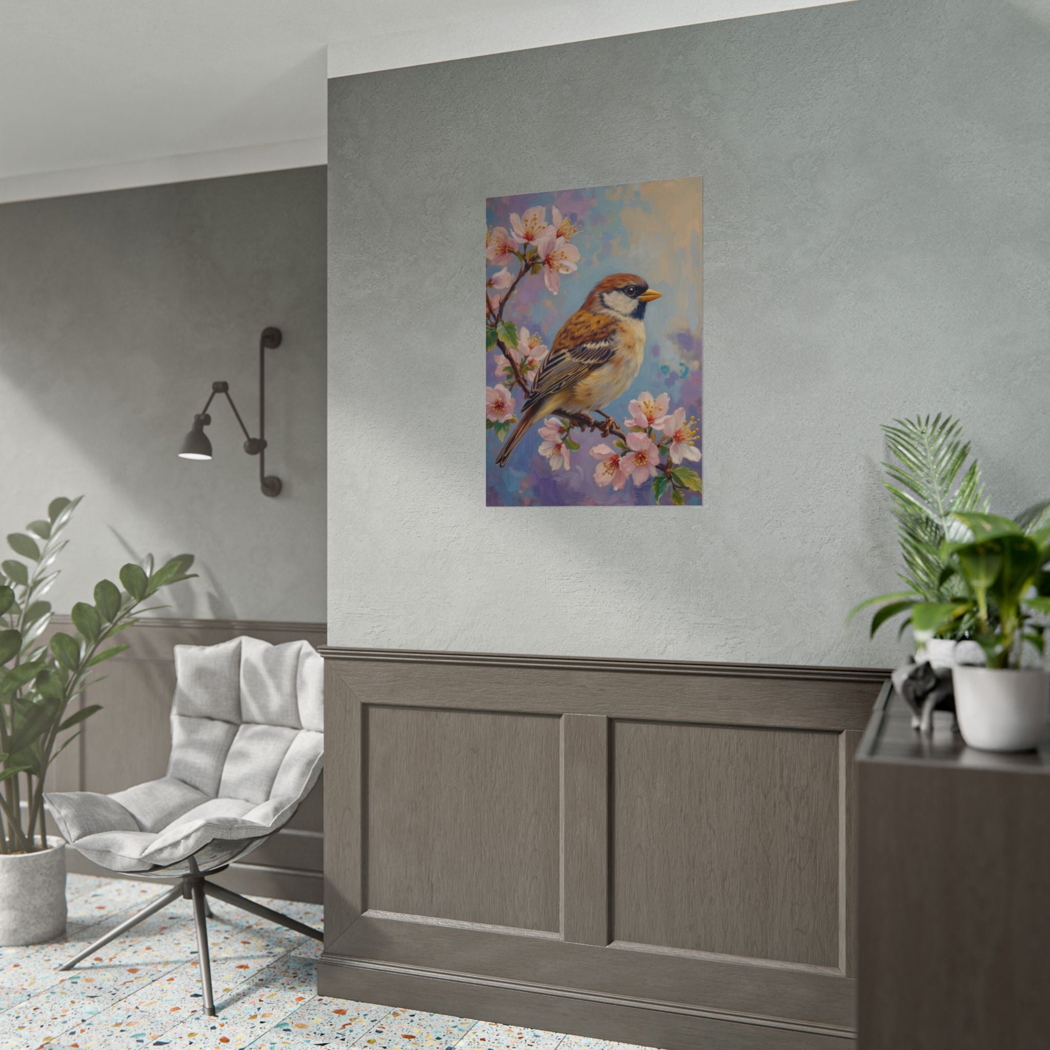 Bird on Blossom Rolled Poster — Spring Sparrow on Branch Wall Art Print