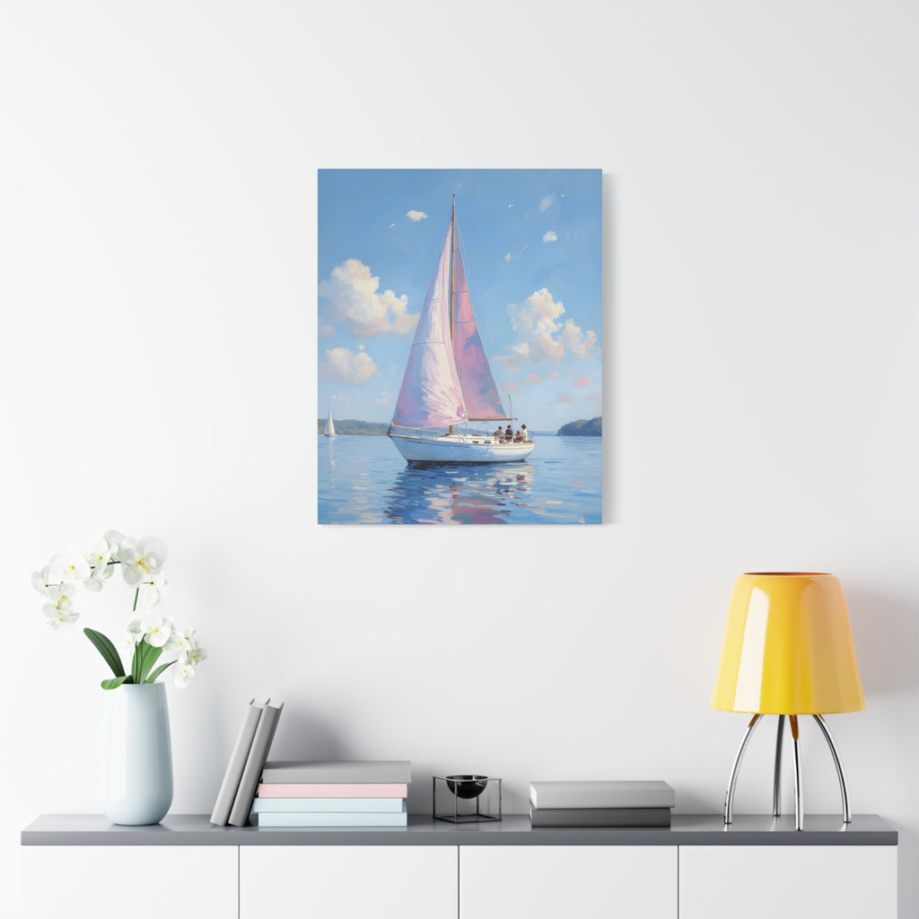 Sailing boat on calm water with pink accents Wall Art - Stretched Canvas