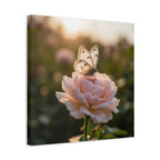 Butterfly on Pink Rose Wall Art - Stretched Canvas