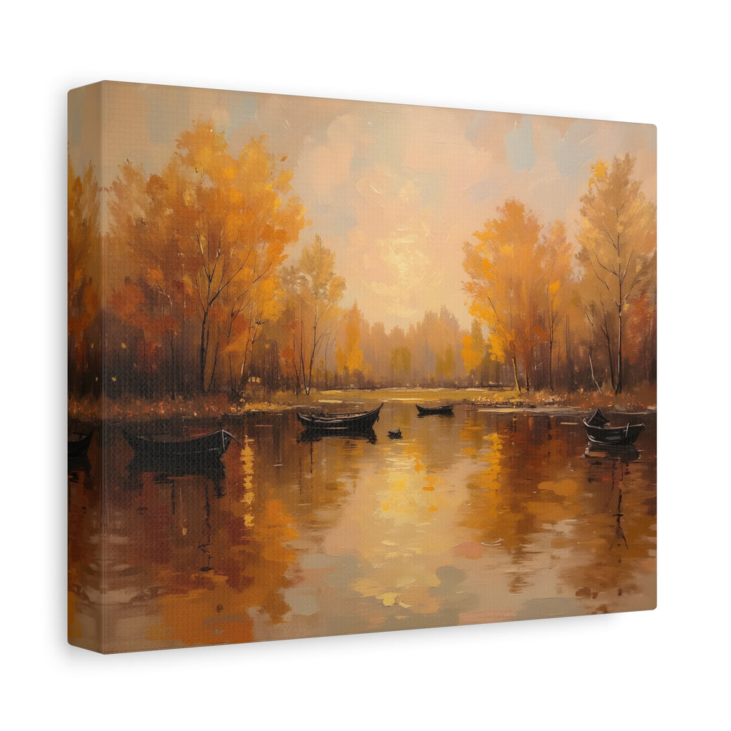 Autumn at the lake with rowboats Wall Art - Stretched Canvas