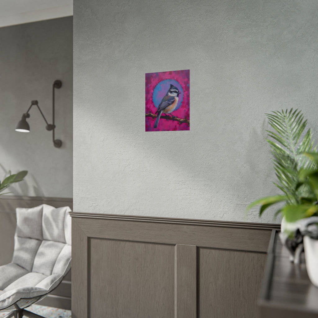 Colorful Songbird Poster — Blue Jay Art Print on Vibrant Pink Background