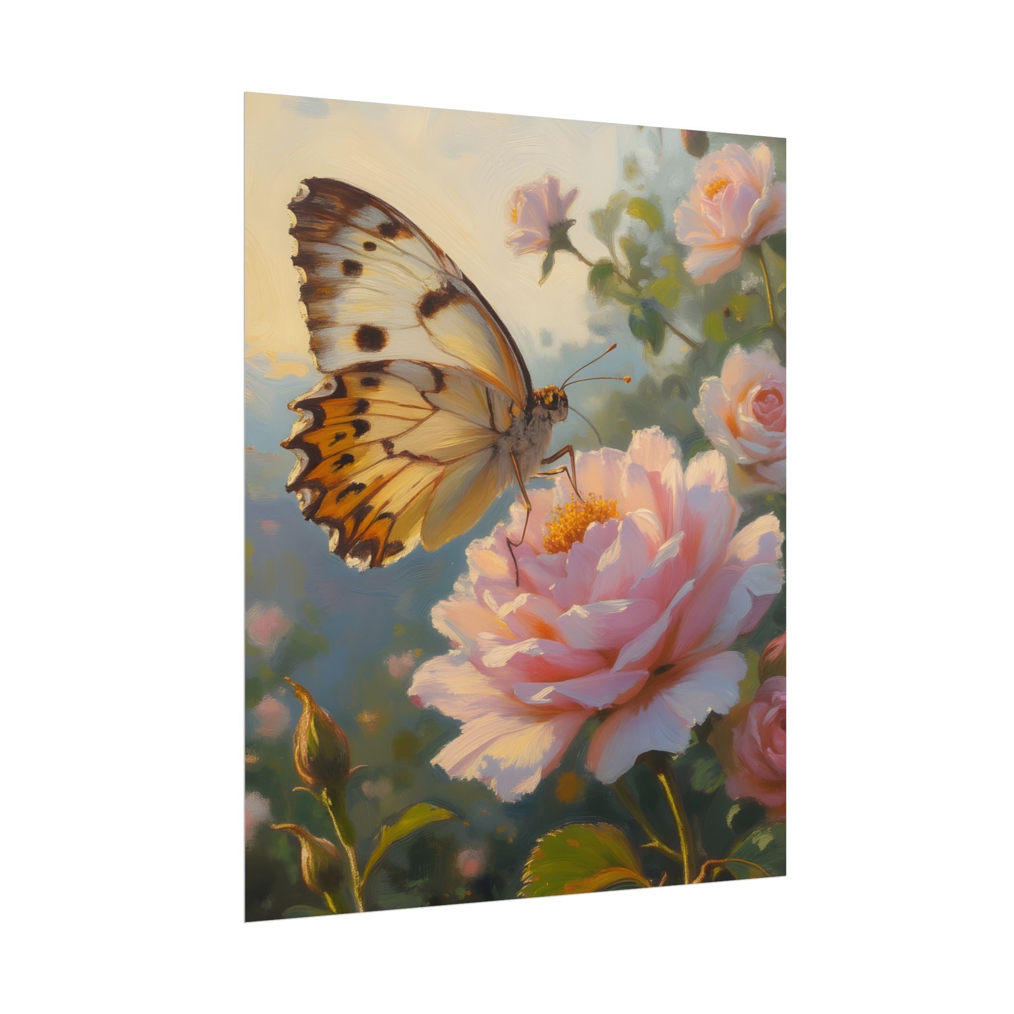 Butterfly on Pink Rose Wall Art - Poster