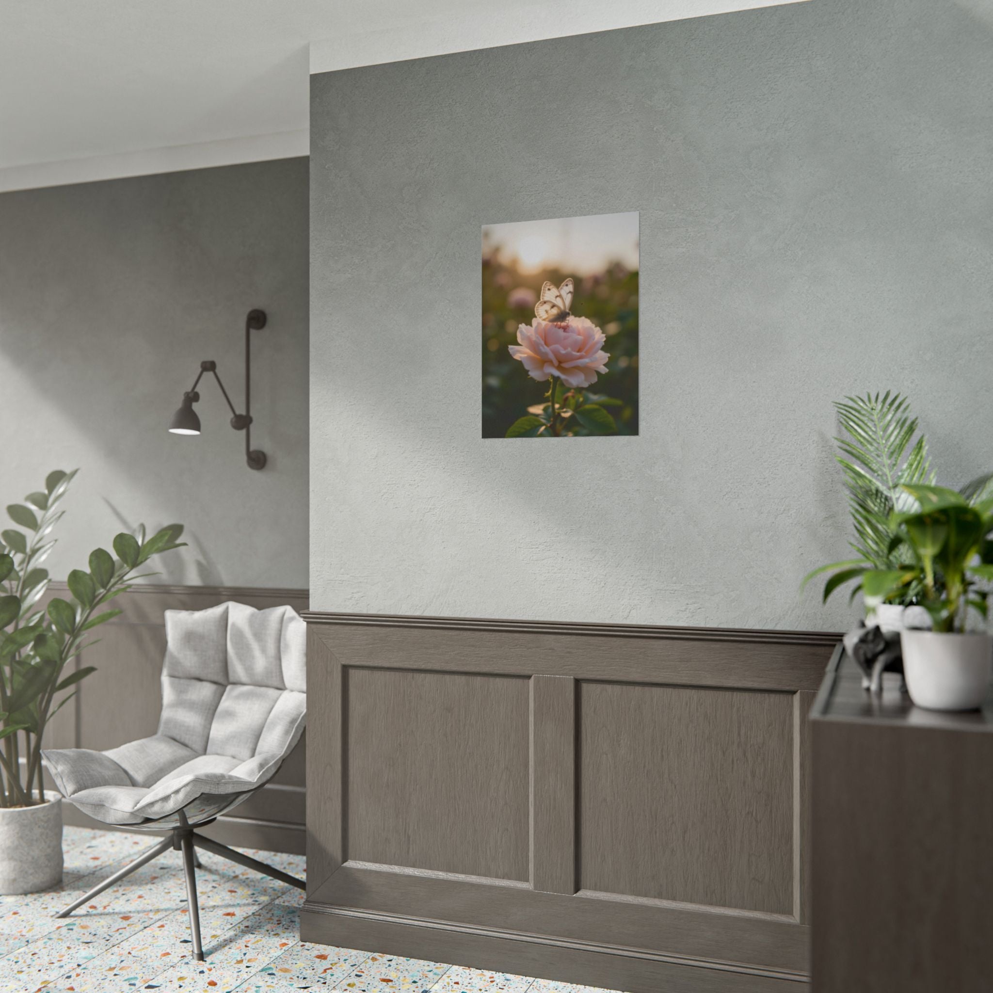 Butterfly on Pink Rose Wall Art - Poster