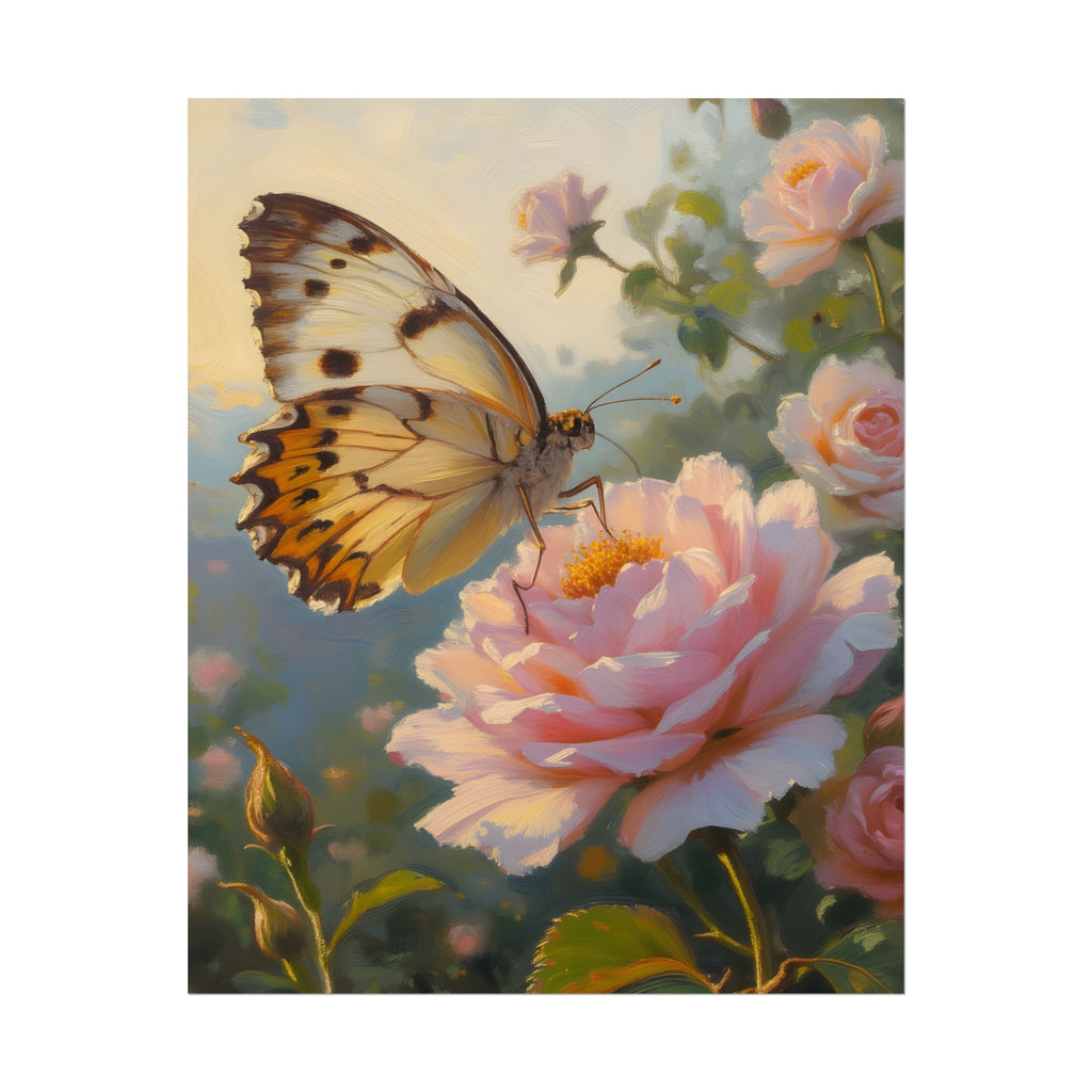 Butterfly on Pink Rose Wall Art - Poster