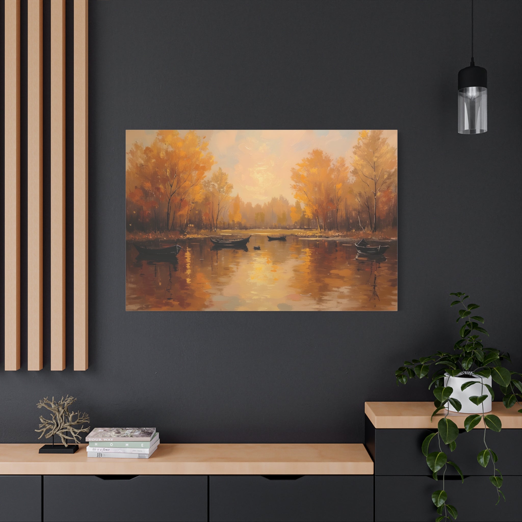 Autumn at the lake with rowboats Wall Art - Stretched Canvas