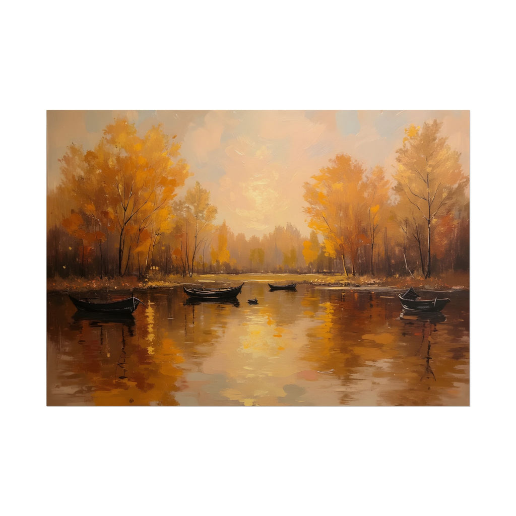 Autumn at the lake with rowboats - Poster