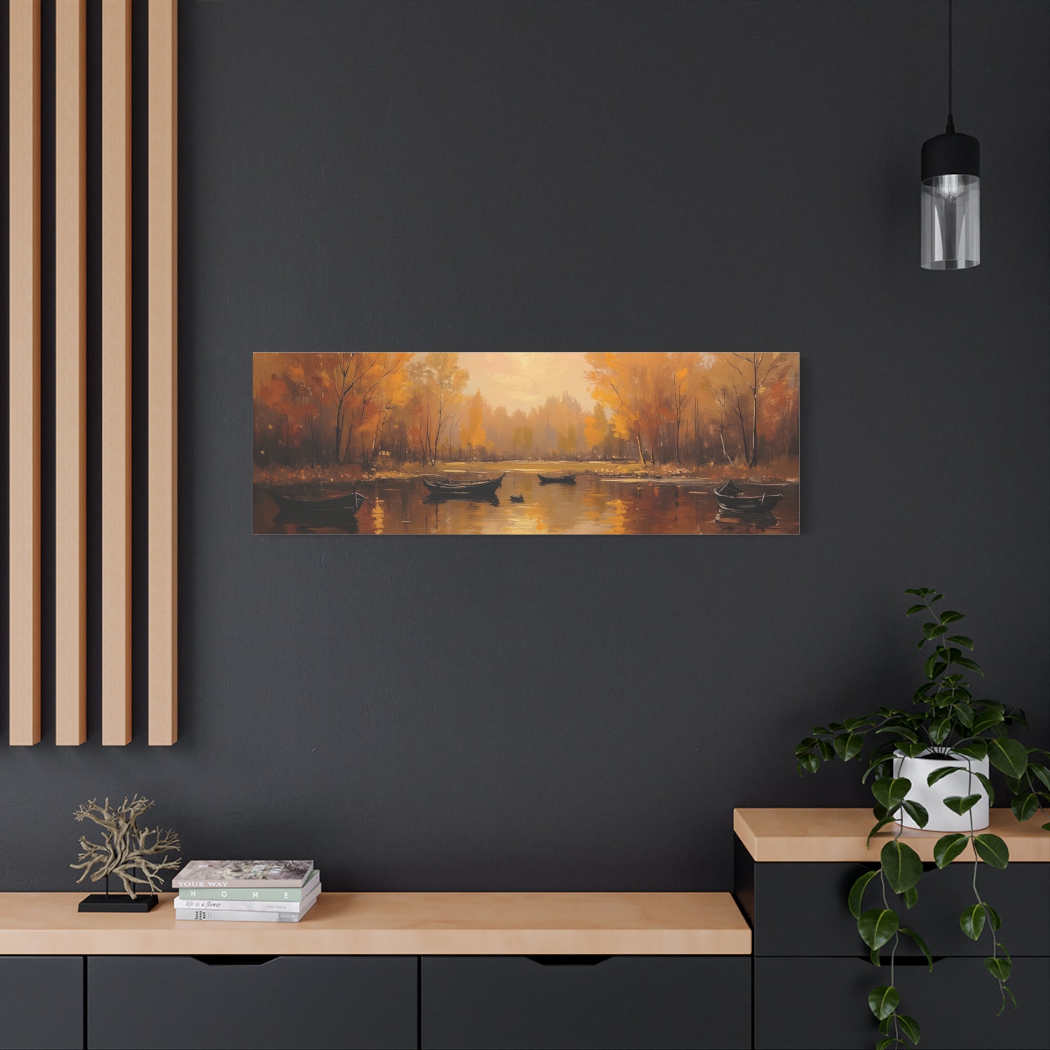 Autumn at the lake with rowboats Wall Art - Stretched Canvas