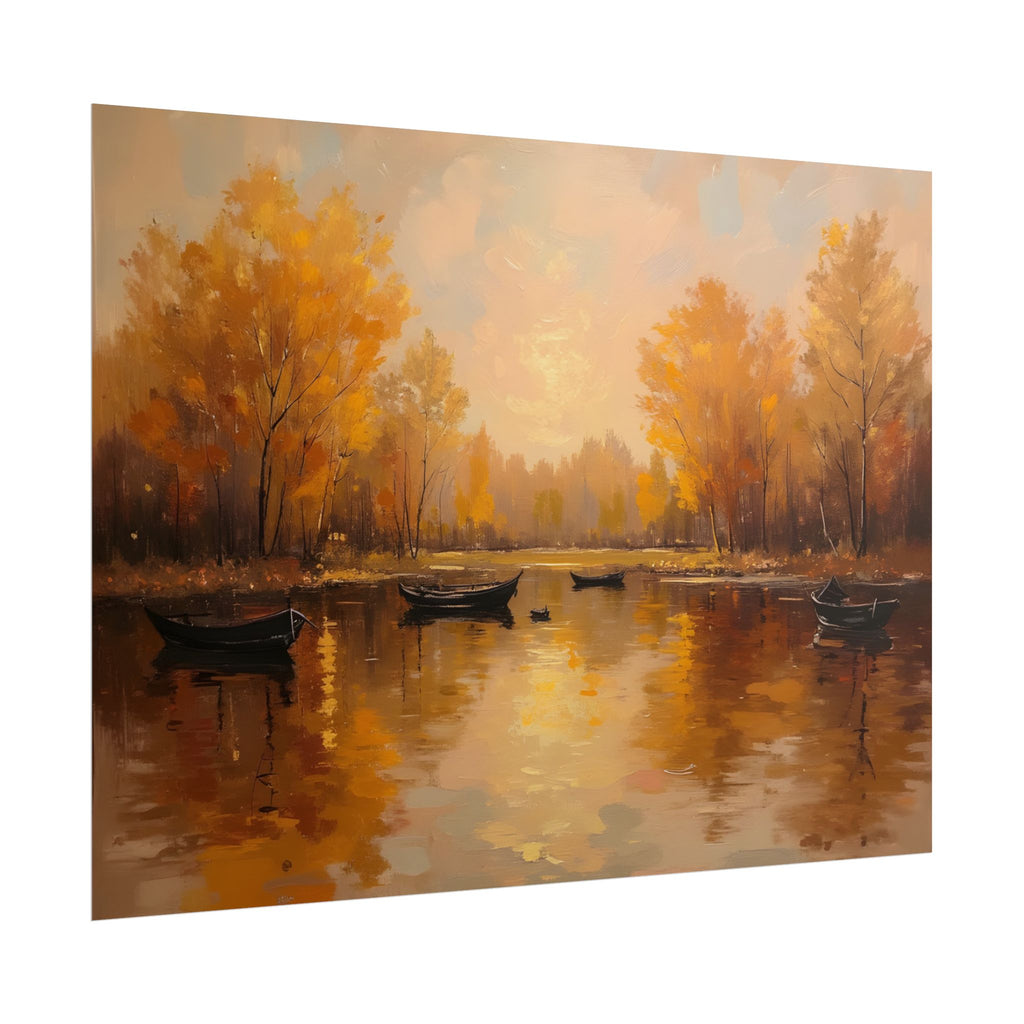 Autumn at the lake with rowboats - Poster