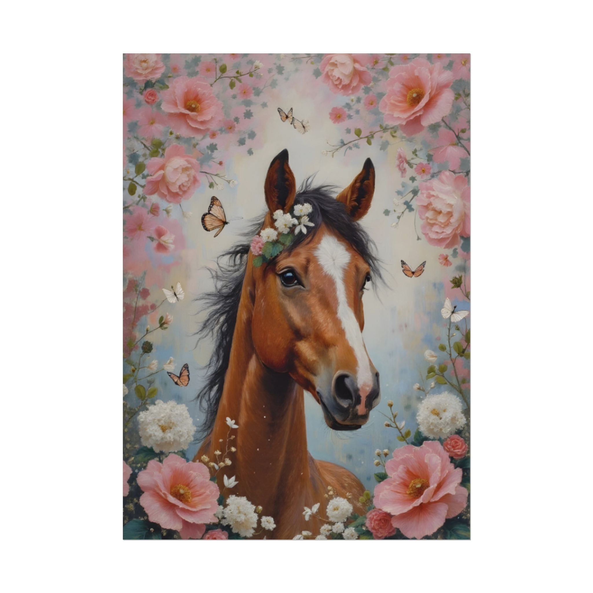 Horse Floral Poster - Vintage Foal Portrait Rolled Art Print