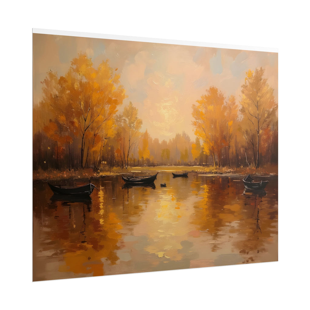 Autumn at the lake with rowboats - Poster