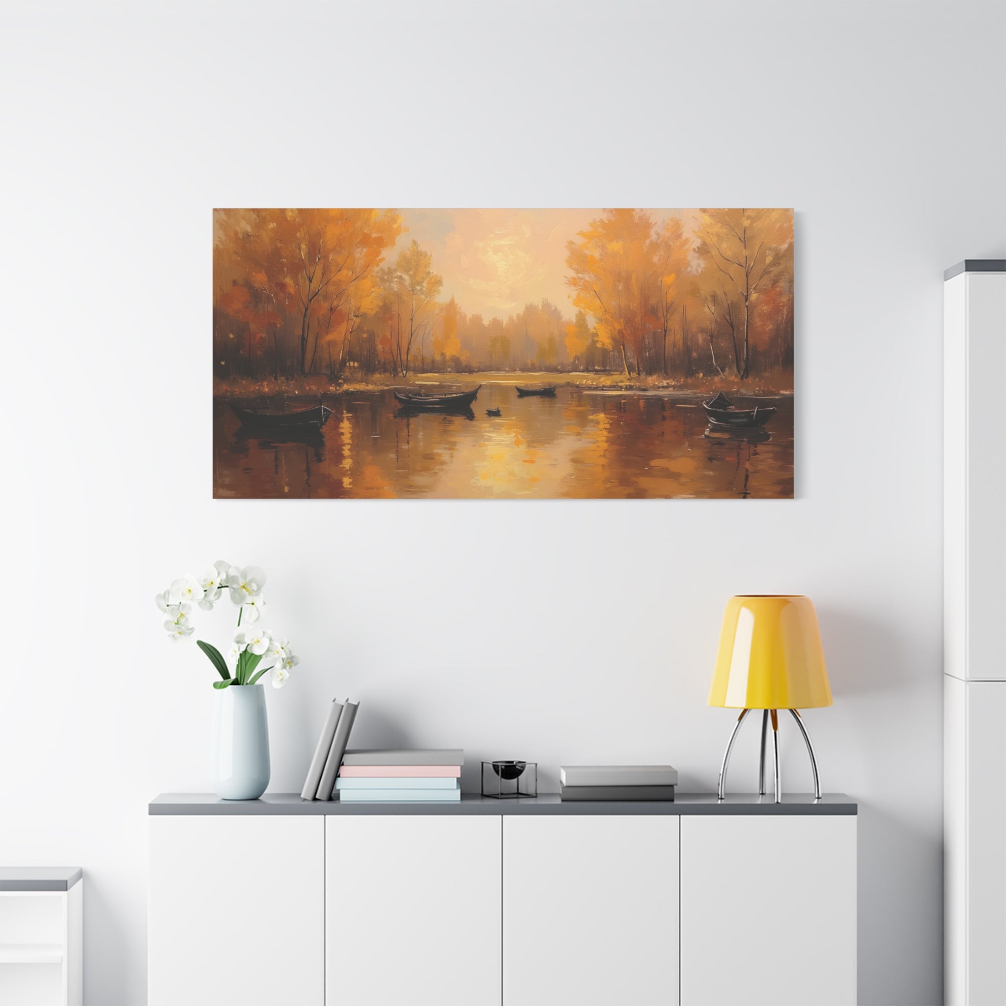 Autumn at the lake with rowboats Wall Art - Stretched Canvas