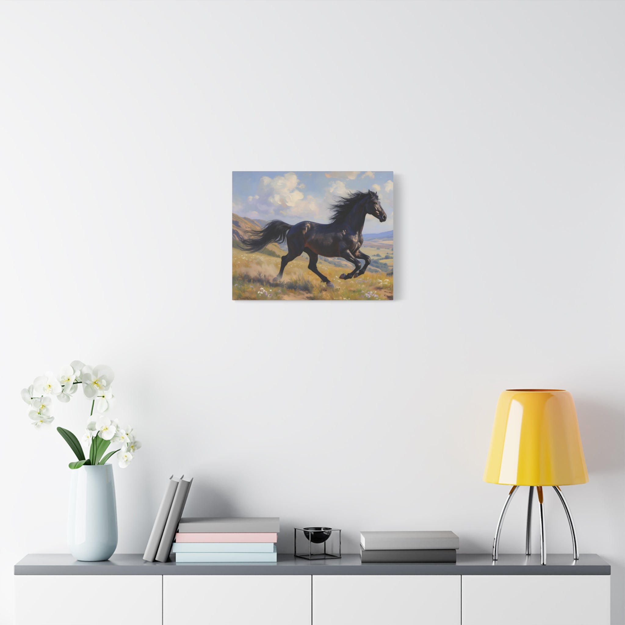 Running Black Stallion Wall Art - Horse Painting - Stretched Canvas