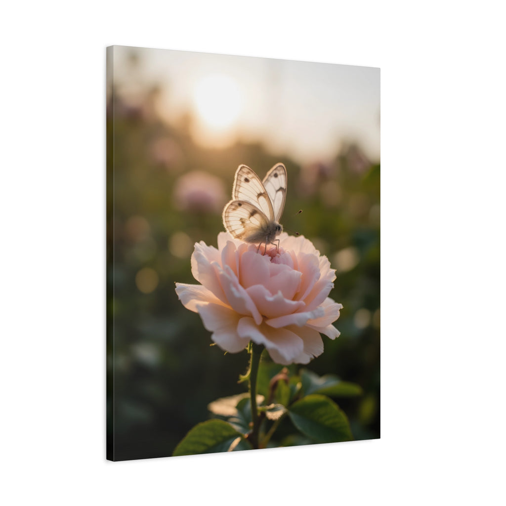 Butterfly on Pink Rose Wall Art - Stretched Canvas