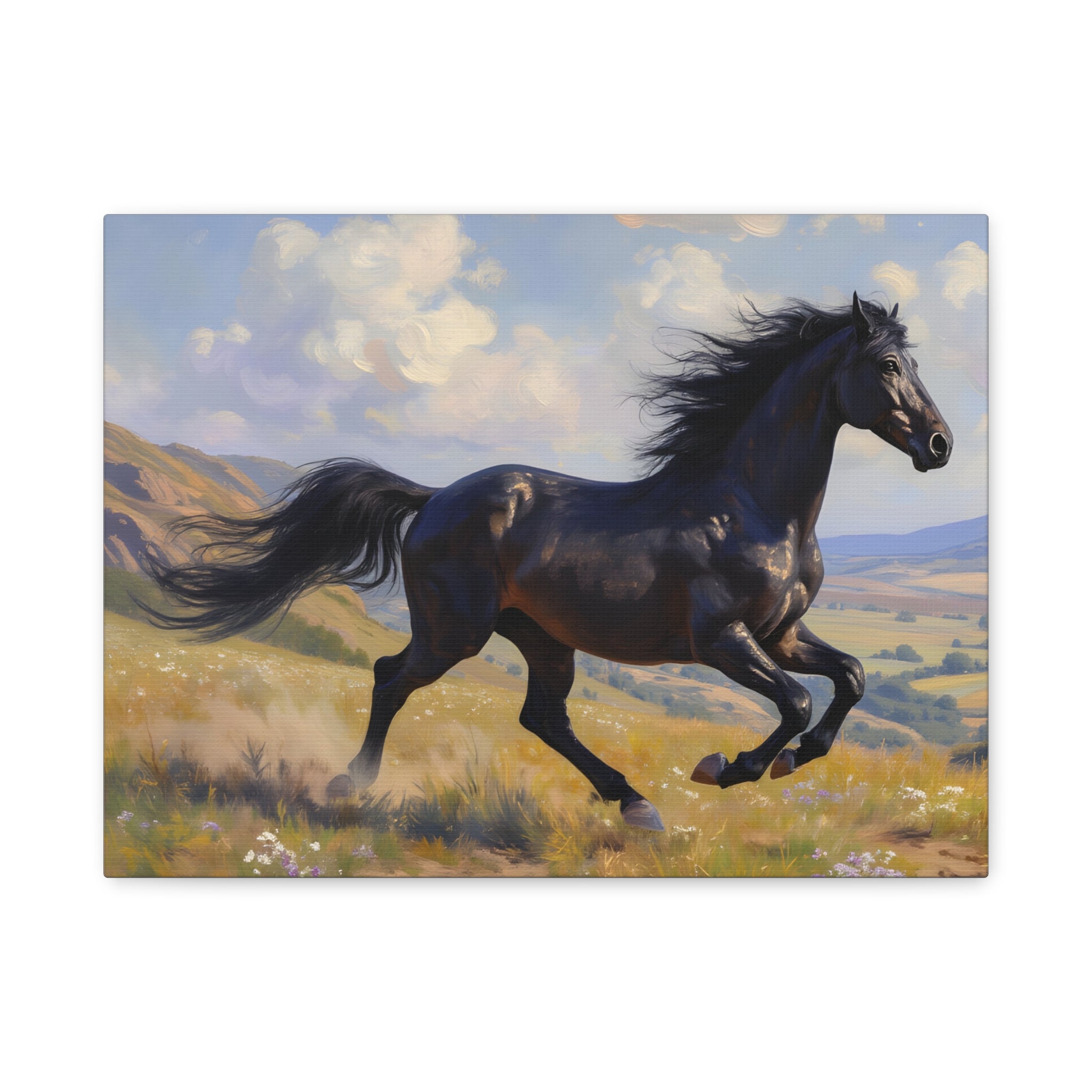Running Black Stallion Wall Art - Horse Painting - Stretched Canvas