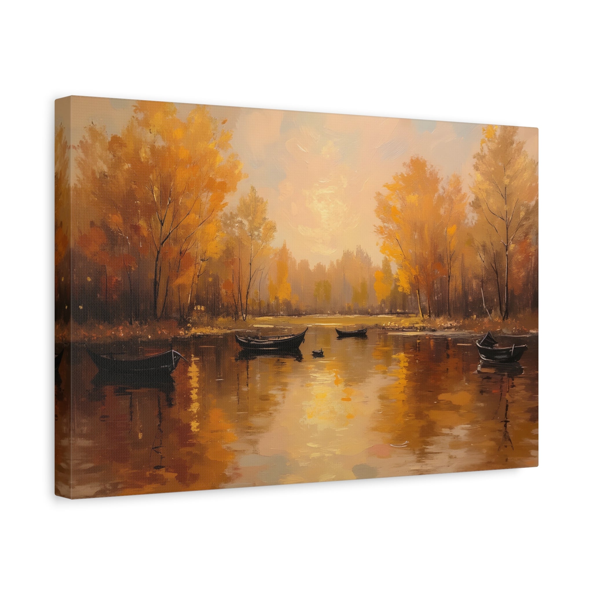 Autumn at the lake with rowboats Wall Art - Stretched Canvas