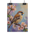 Bird on Blossom Rolled Poster — Spring Sparrow on Branch Wall Art Print
