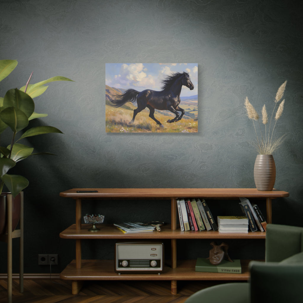 Running Black Stallion Wall Art - Horse Painting - Stretched Canvas