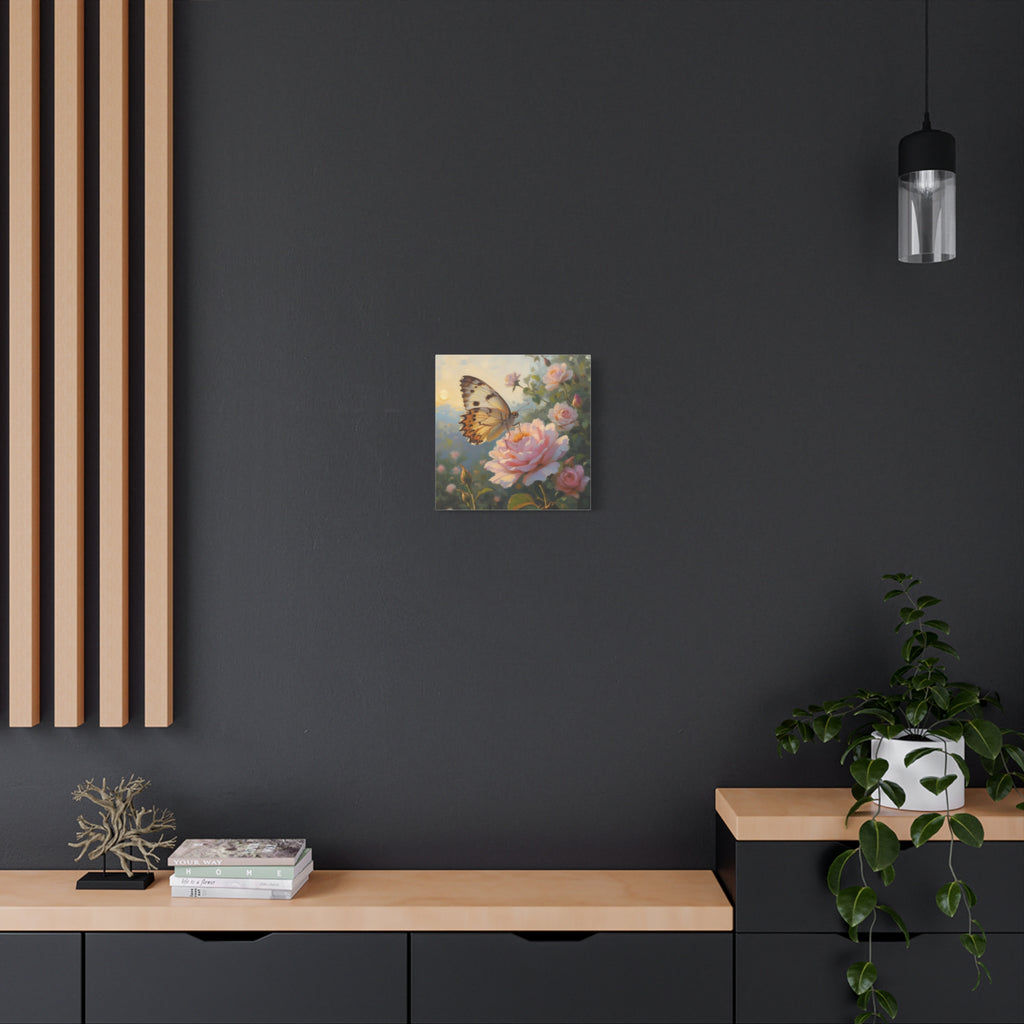 Butterfly on Pink Rose Wall Art - Stretched Canvas