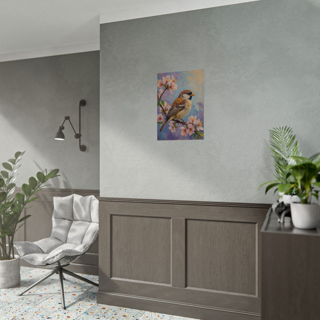 Bird on Blossom Rolled Poster — Spring Sparrow on Branch Wall Art Print
