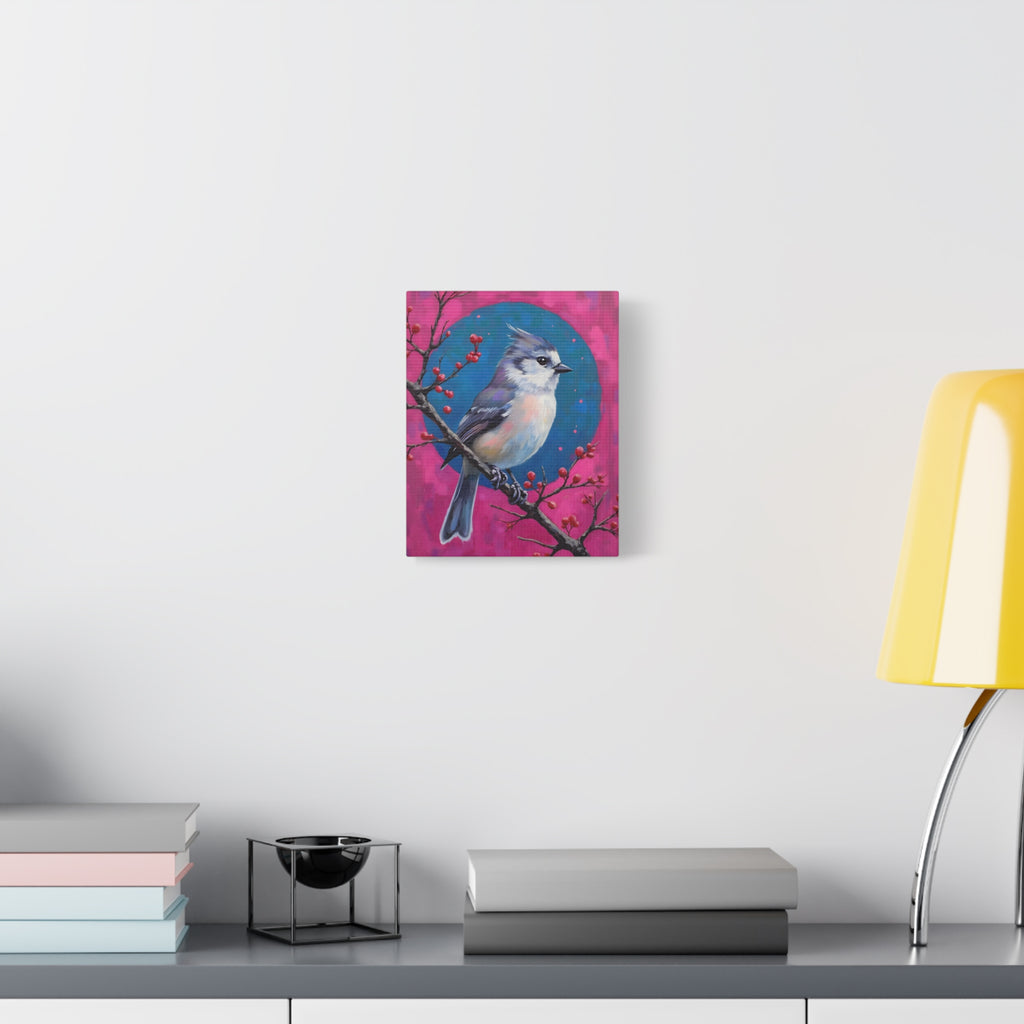 Blue jay on a holly branch Wall Art - Stretched Canvas