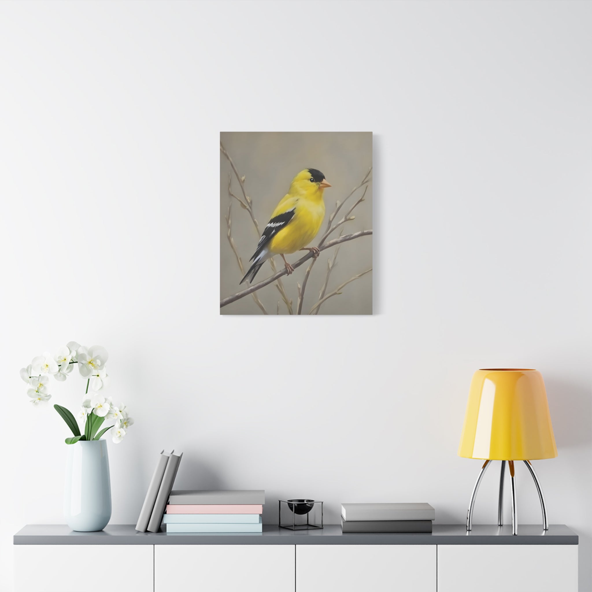 Goldfinch Wall Art Canvas — Yellow Songbird Painting on Branch, Matte Stretched Canvas