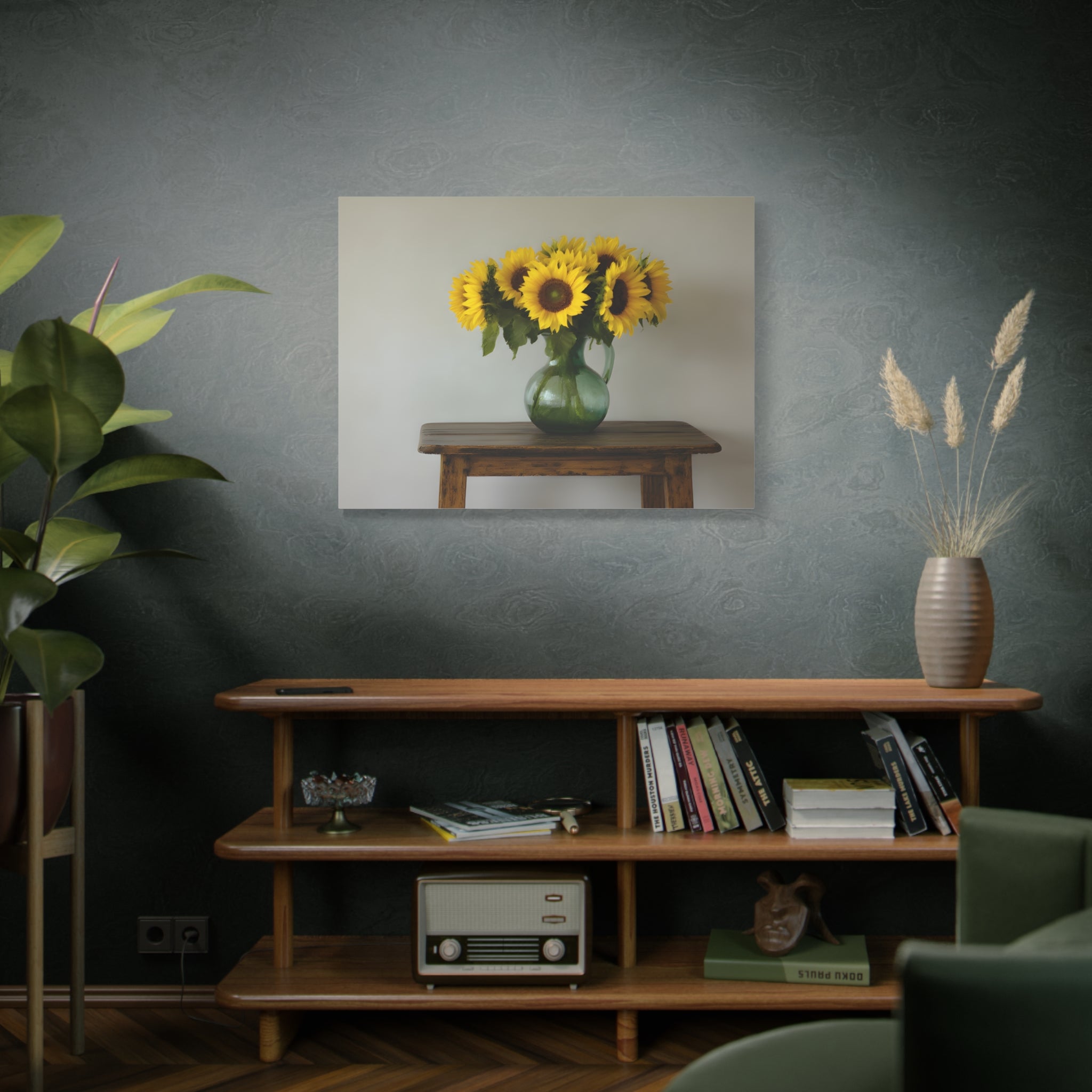Sunflowers in Green Pitcher Wall Art - Stretched Canvas